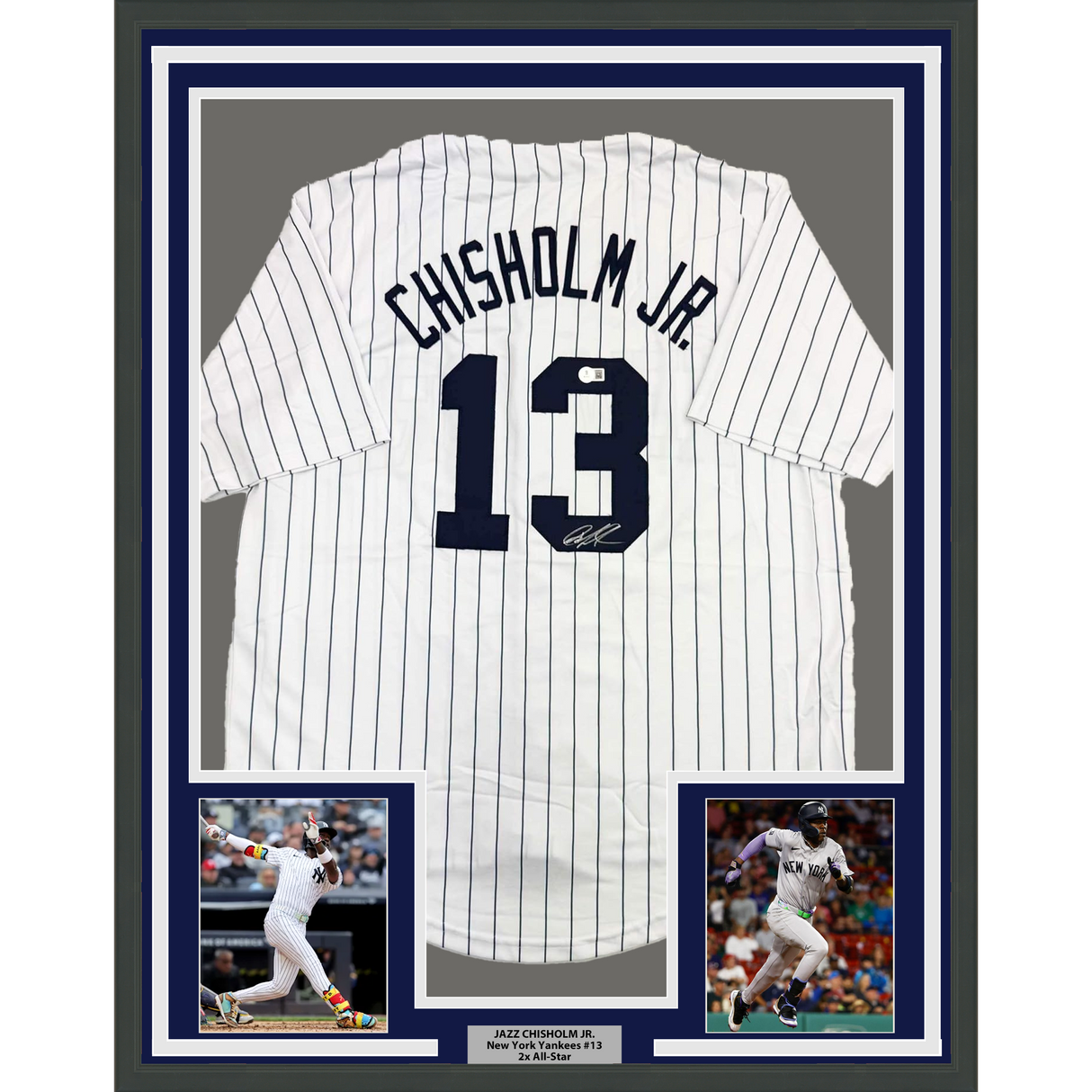 Framed Autographed/Signed Jazz Chisholm Jr. 35x39 New York Pinstripe Baseball Jersey Beckett BAS COA