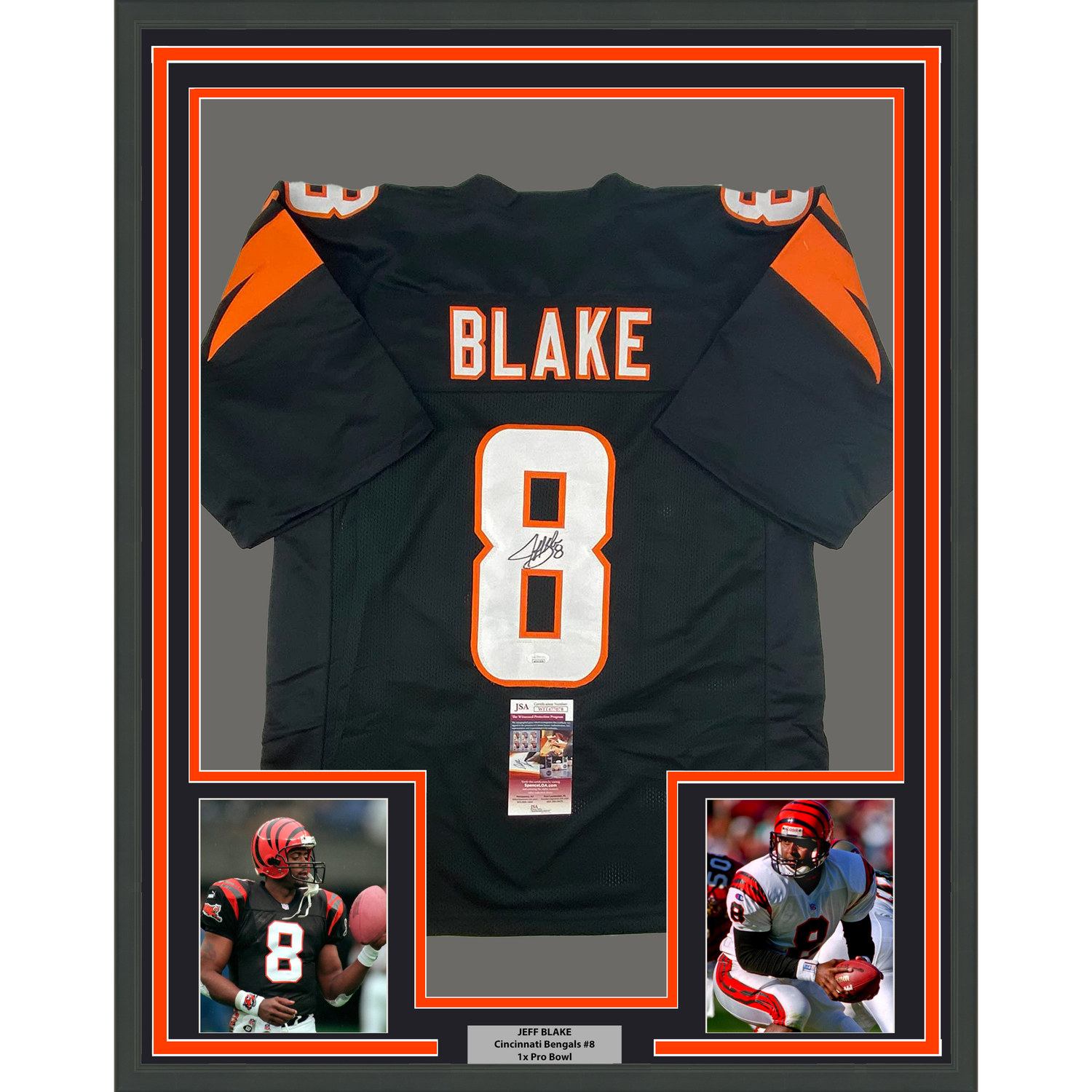 Camiseta de fútbol americano de Cincinnati, negra, enmarcada, autografiada y firmada por Jeff Blake, 35 x 39, JSA COA
