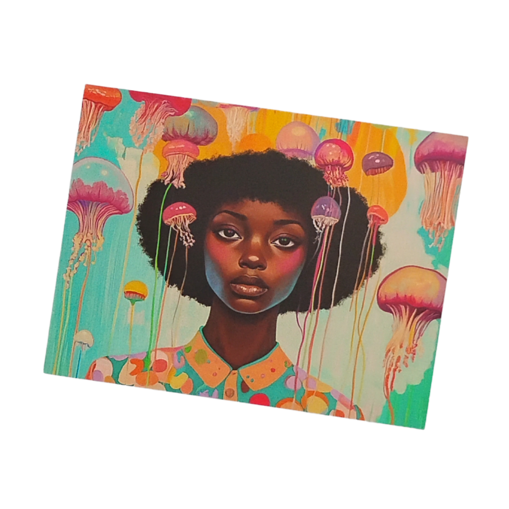Underwater Whimsical Black Girl & Jellyfish Postcard for Friends & Penpals