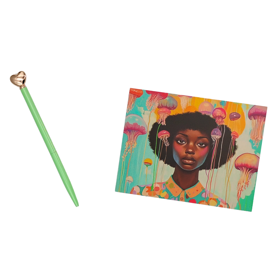 Underwater Whimsical Black Girl & Jellyfish Postcard for Friends & Penpals