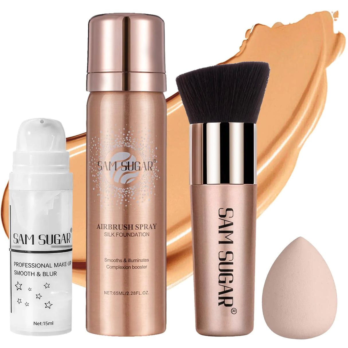 Kit de fond de teint en spray AirBrush, fond de teint en spray et base hydratante pour le visage, brume de fond de teint liquide mat imperméable longue tenue pour un look impeccable, pinceau et éponge inclus (#5 Warm Honey)