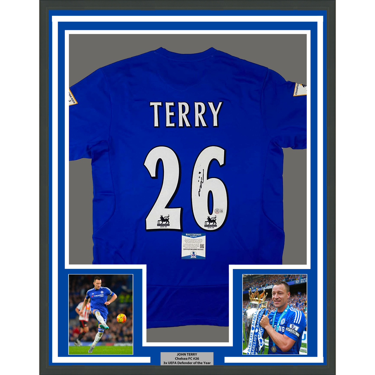 Camiseta de fútbol azul del Chelsea FC, enmarcada, autografiada y firmada por John Terry, 35 x 39, Beckett BAS COA