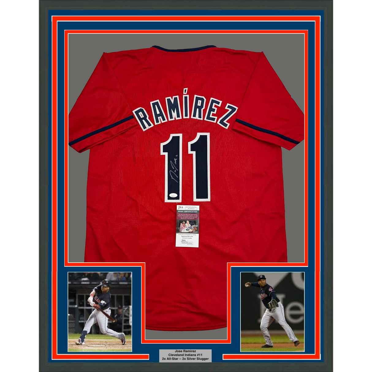 Framed Autographed/Signed Jose Ramirez 35x39 Cleveland Red Baseball Jersey JSA COA