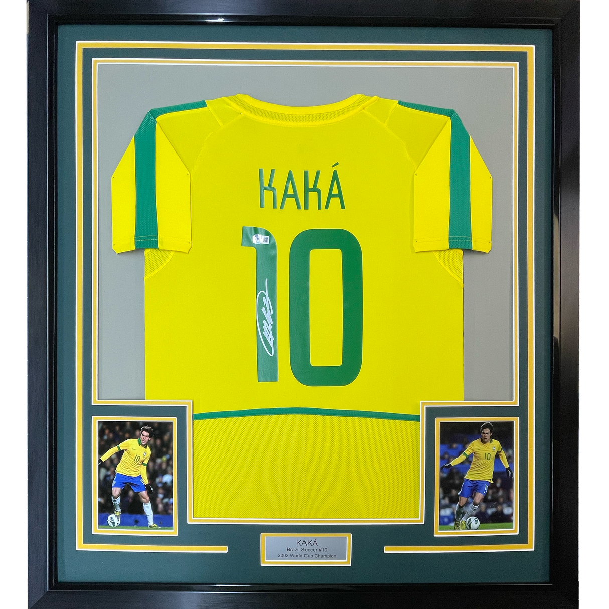 Framed Autographed/Signed Ricardo Kaka 35x39 Brazil Yellow Soccer Futbol Jersey Beckett BAS COA