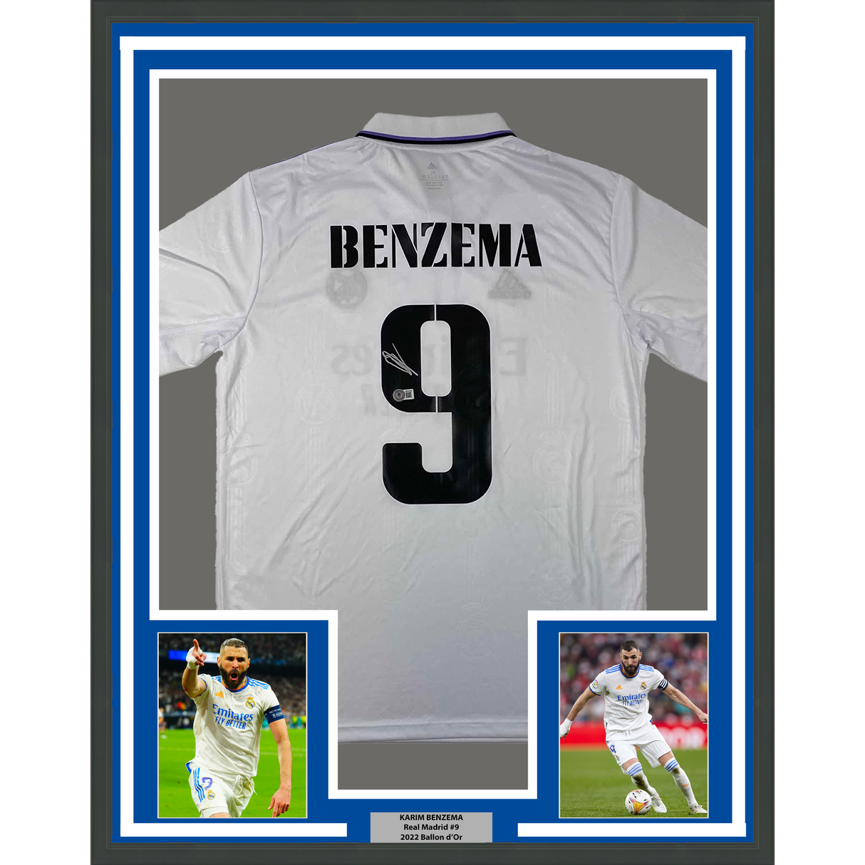Camiseta de fútbol blanca enmarcada y firmada de Karim Benzema (35 x 39 cm) del Real Madrid 2022-23, Beckett BAS COA