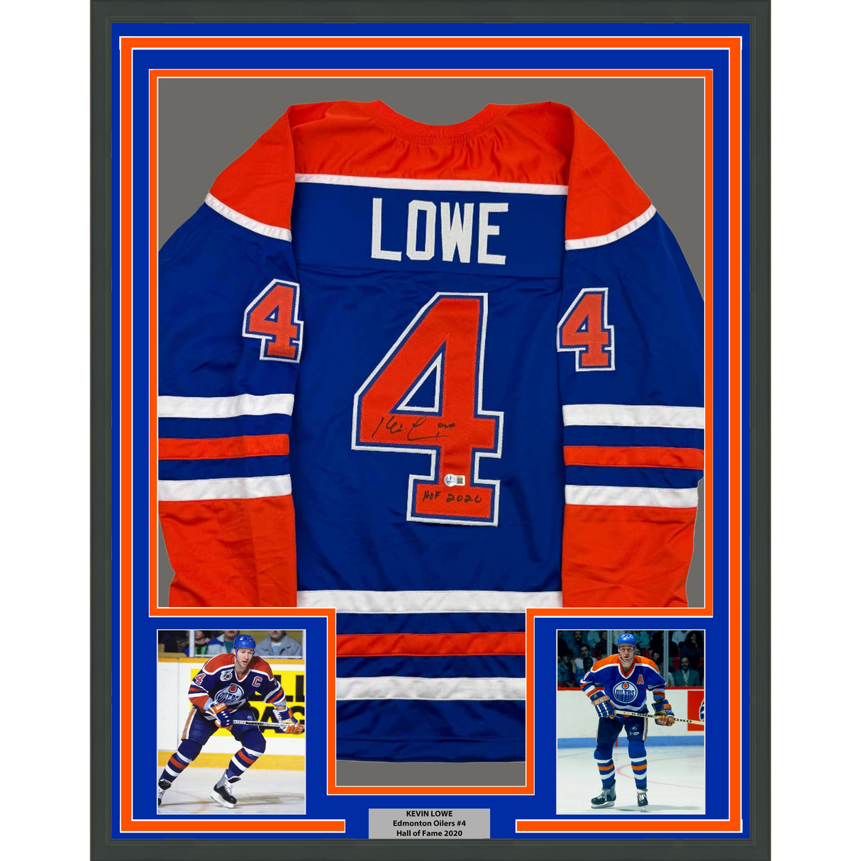Framed Autographed/Signed Kevin Lowe 35x39 "HOF 2020" Edmonton Blue Hockey Jersey Beckett BAS COA