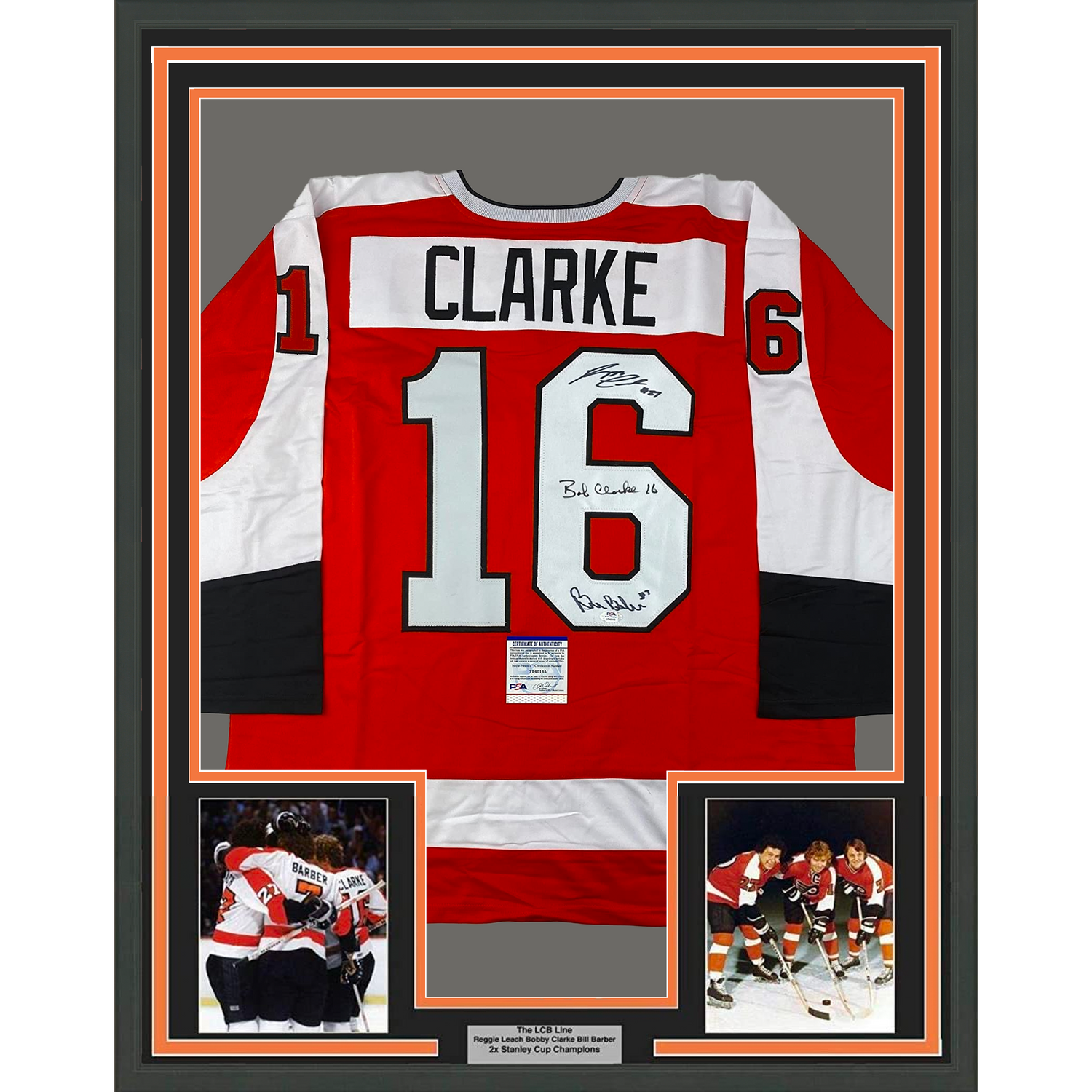 Camiseta de hockey naranja de Filadelfia, enmarcada, autografiada y firmada por Reggie Leach, Bobby Clarke y Bill Barber, 35 x 39, JSA COA