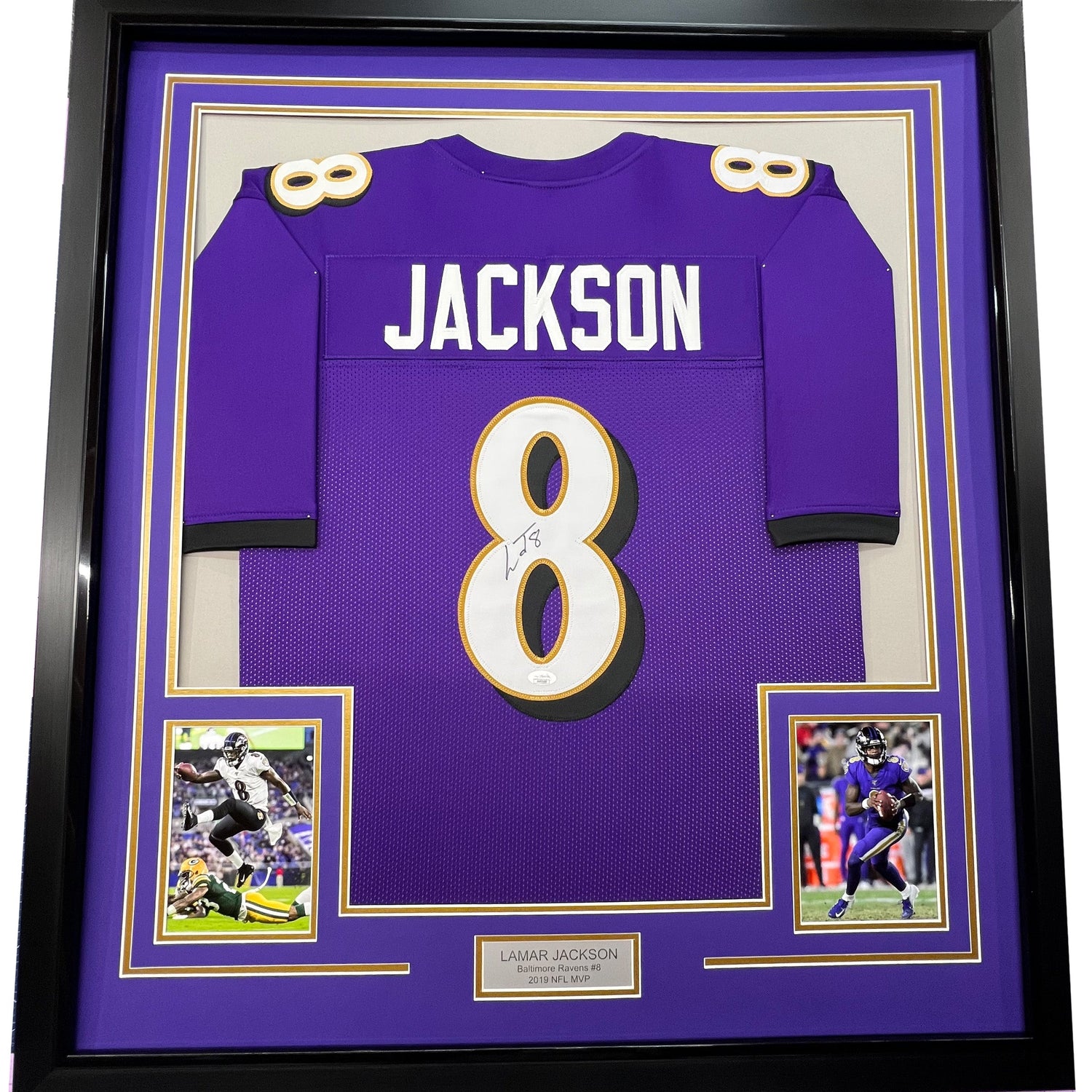 Camiseta de fútbol morado de Baltimore de 35 x 39, enmarcada, autografiada y firmada por Lamar Jackson (JSA COA)