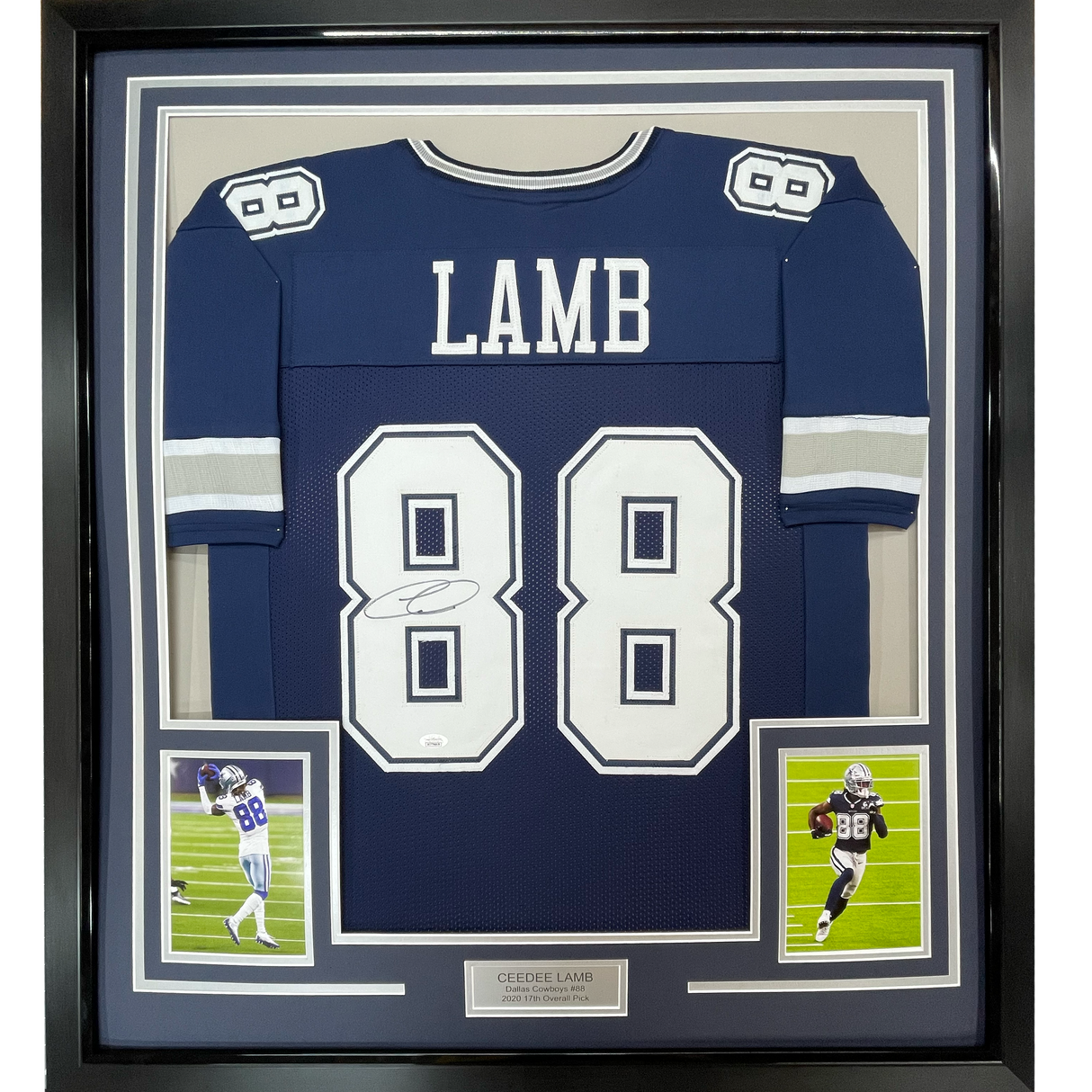 Framed Autographed/Signed CeeDee Lamb 35x39 Dallas Blue Football Jersey JSA COA