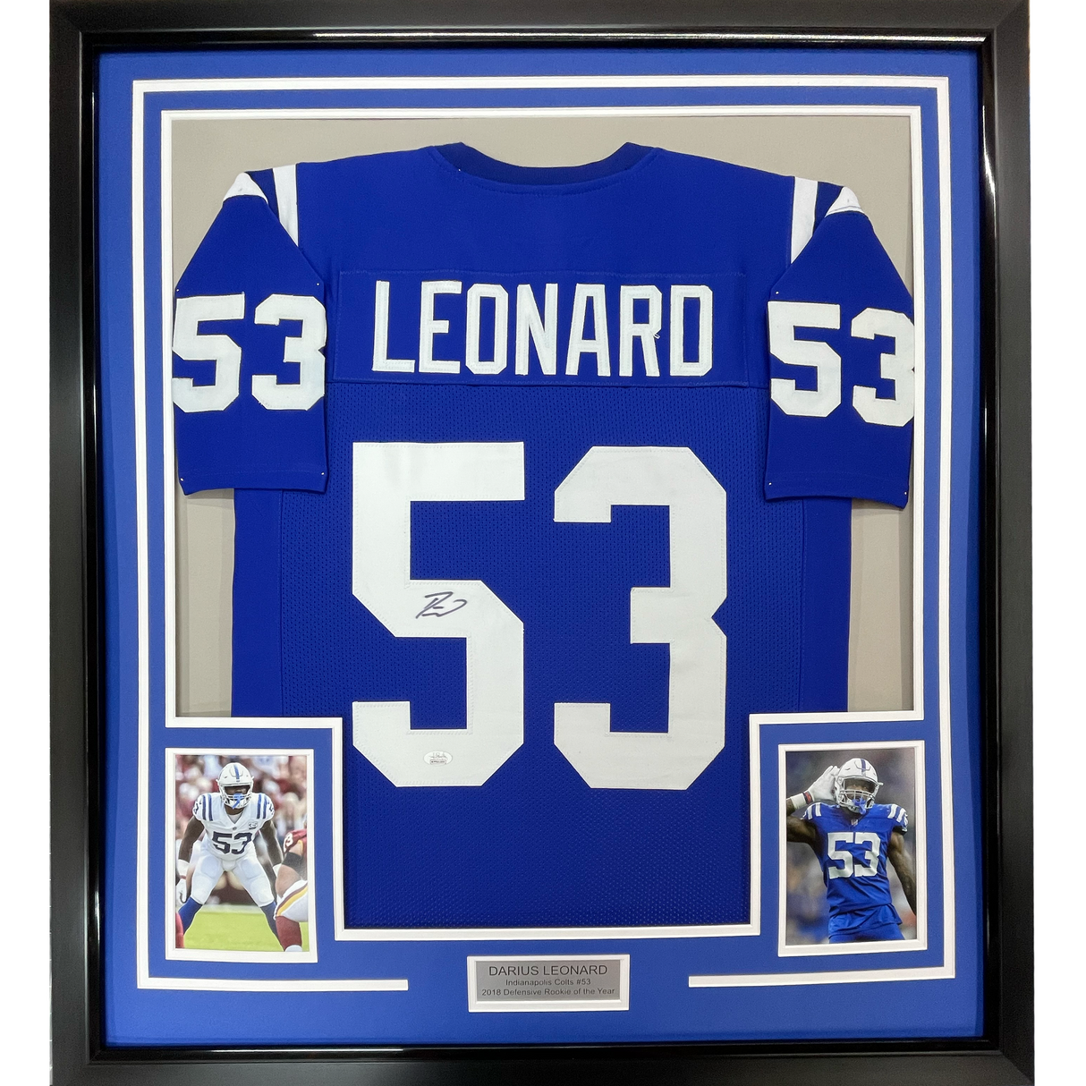 Framed Autographed/Signed Darius Shaquille Leonard 35x39 Indianapolis Blue Football Jersey JSA COA