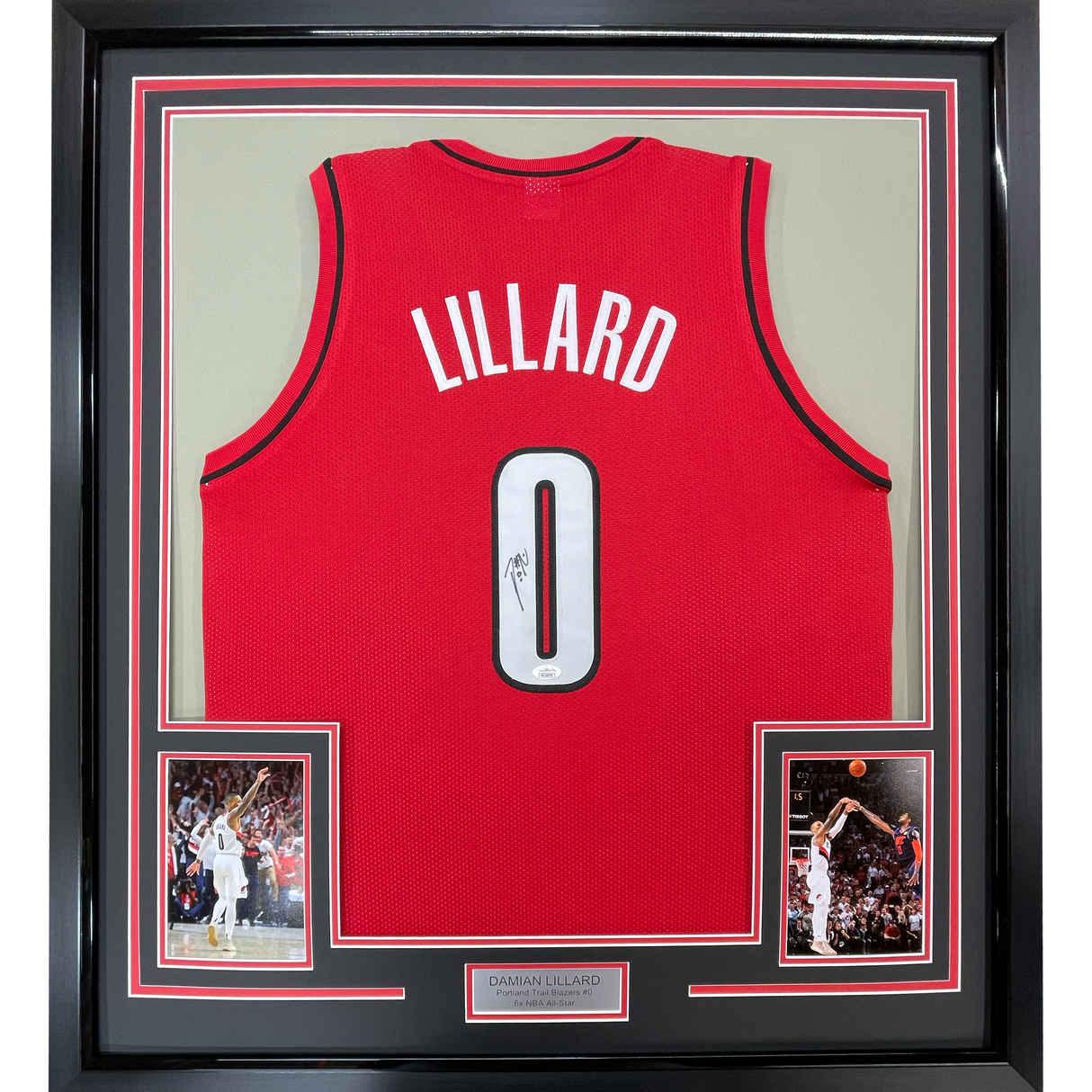 Camiseta de baloncesto enmarcada, autografiada y firmada por Damian Lillard, 35 x 39, color rojo Portland, JSA COA
