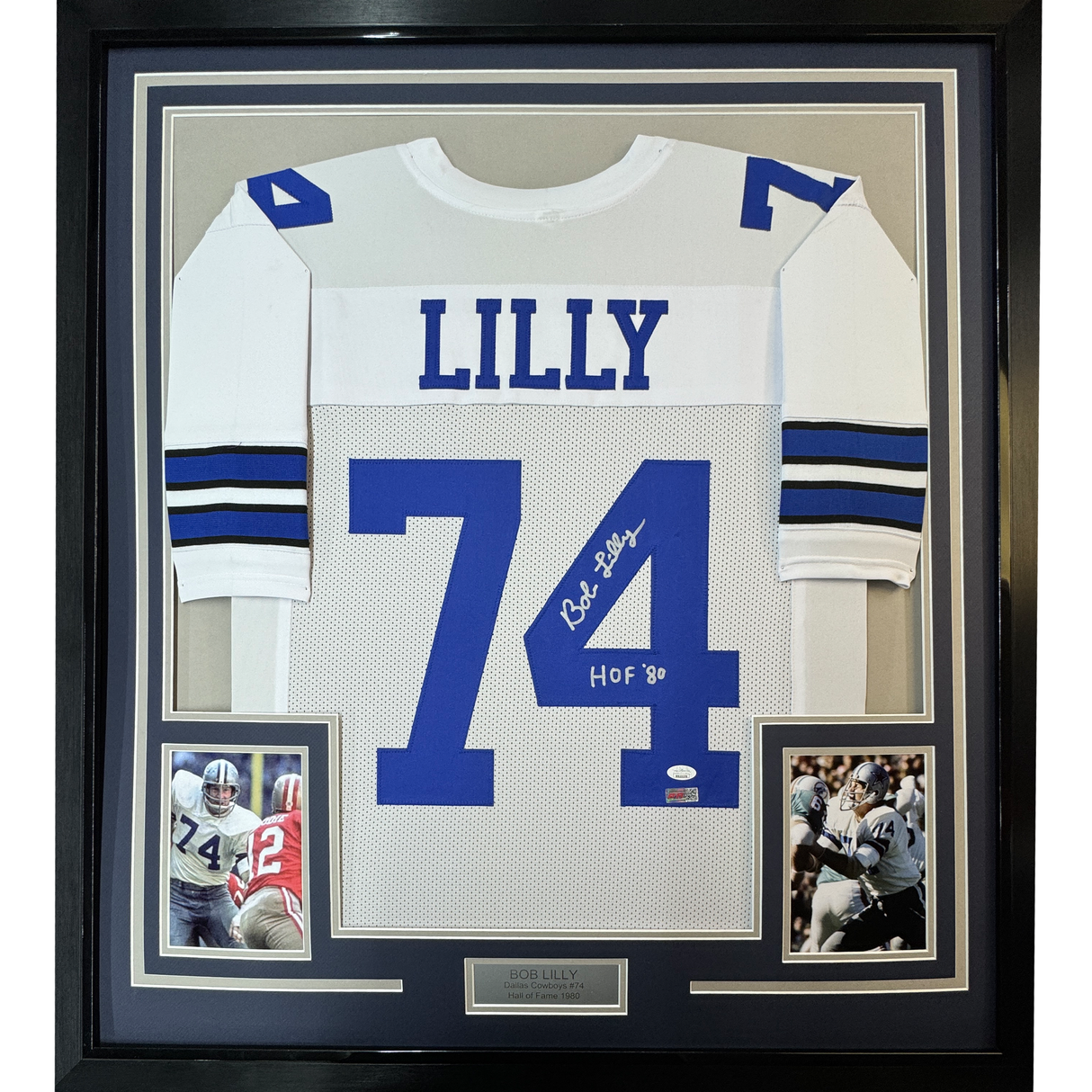 Framed Autographed/Signed Bob Lilly HOF 80 35x39 Dallas White Football Jersey JSA COA