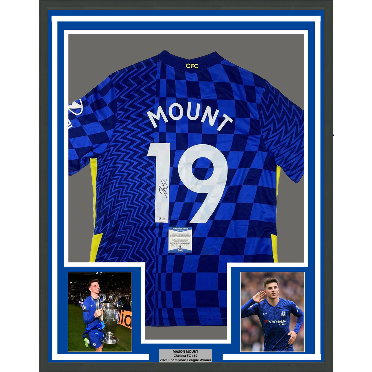 Camiseta de fútbol azul del Chelsea FC Beckett BAS COA, enmarcada, autografiada y firmada, 35 x 39, Mason Mount, 100 % algodón.