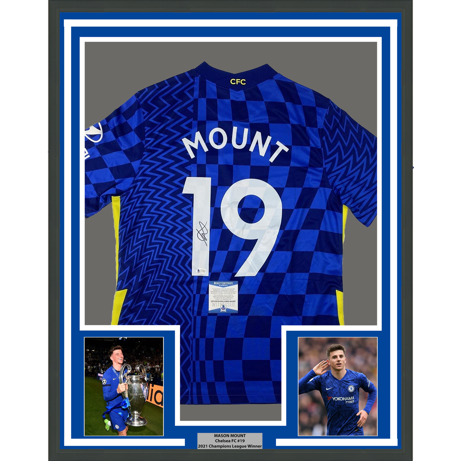 Camiseta de fútbol azul del Chelsea FC Beckett BAS COA, enmarcada, autografiada y firmada, 35 x 39, Mason Mount, 100 % algodón.