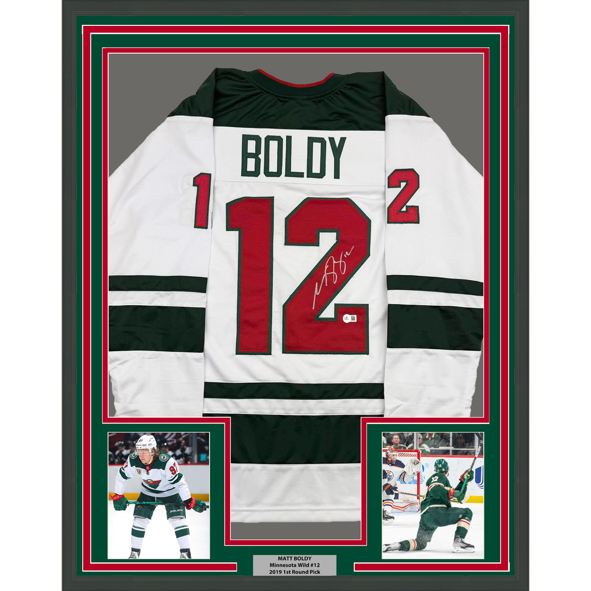Framed Autographed/Signed Matt Boldy 35x39 Minnesota White Hockey Jersey Beckett BAS COA