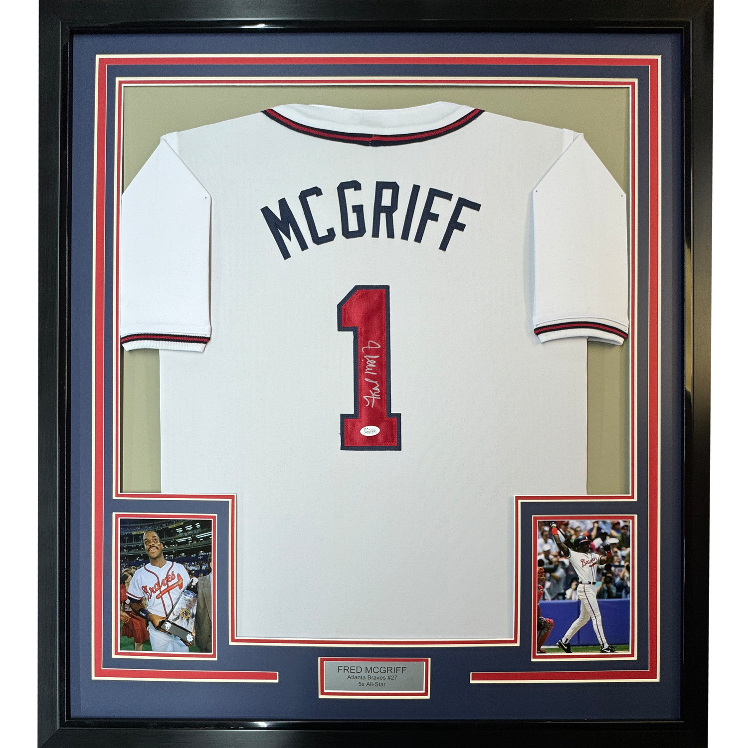 Camiseta de béisbol blanca de Atlanta de Fred McGriff, enmarcada, autografiada y firmada, 35 x 39, JSA COA