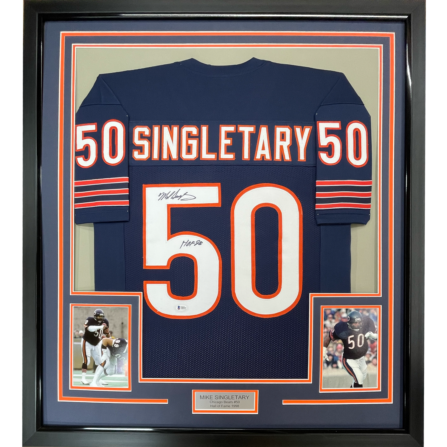 Camiseta de fútbol azul Chicago de 35 x 39, enmarcada, autografiada y firmada por Mike Singletary, HOF 98, JSA COA
