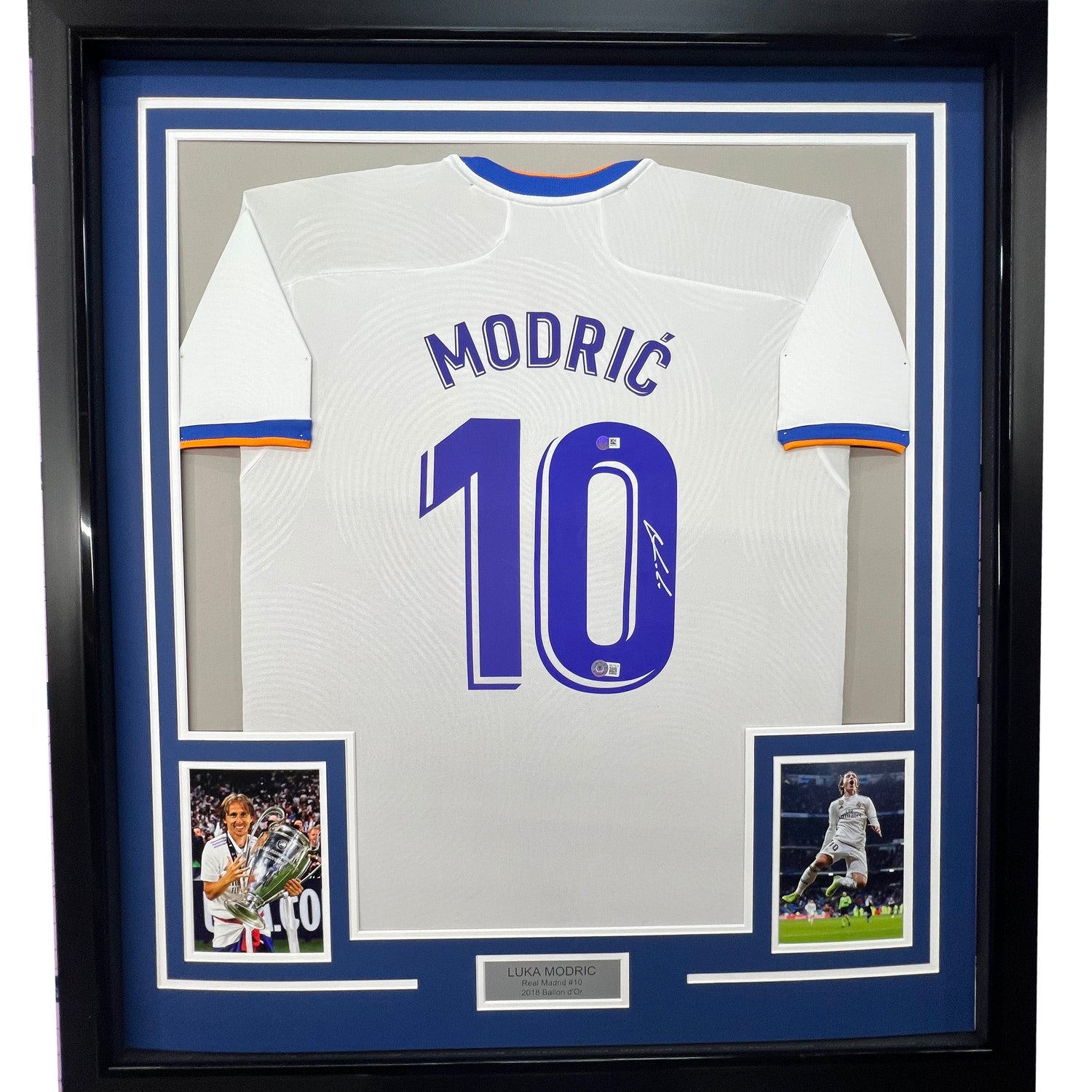Camiseta de fútbol blanca del Real Madrid de Luka Modric, enmarcada y firmada (35 x 39 cm), Beckett BAS COA
