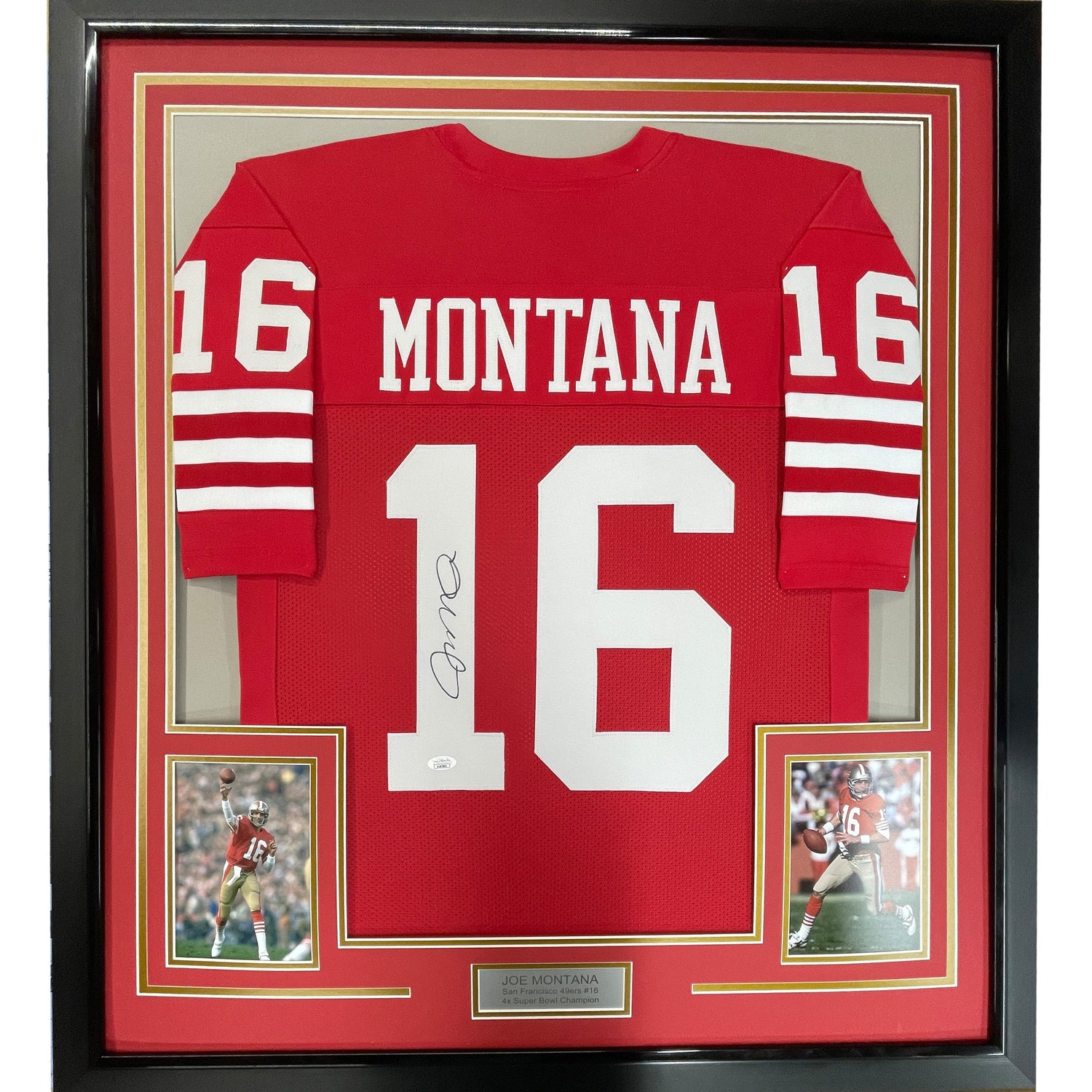 Camiseta de fútbol americano enmarcada, autografiada y firmada por Joe Montana, 35 x 39, color rojo de San Francisco, JSA COA