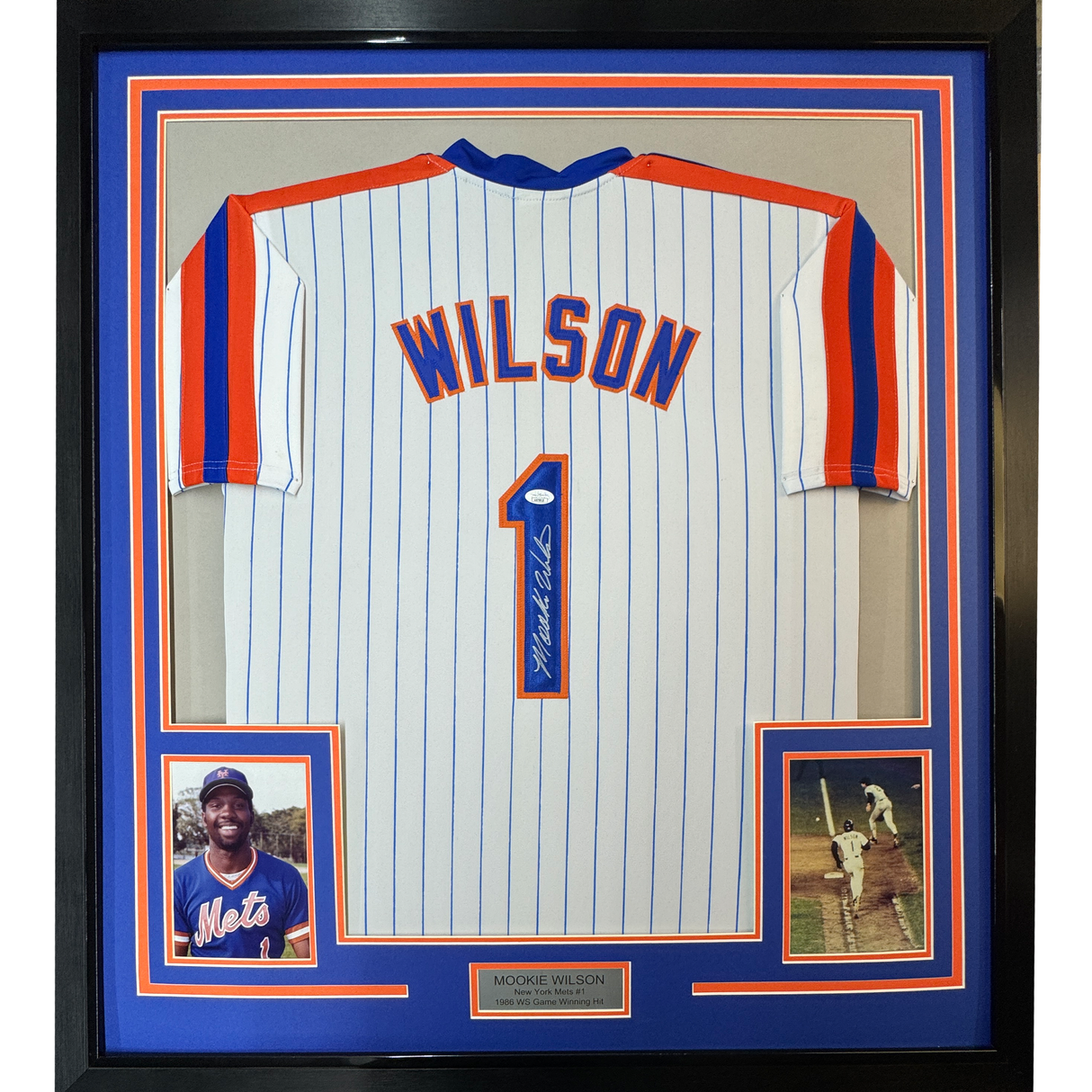 Camiseta de béisbol de rayas de Nueva York de Mookie Wilson, enmarcada, autografiada y firmada, 35 x 39, JSA COA