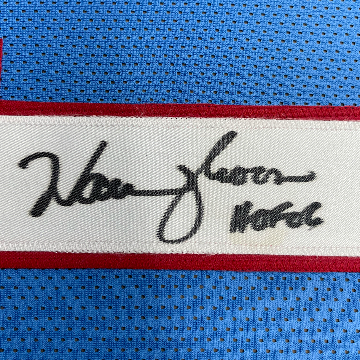 Framed Autographed/Signed Warren Moon HOF 06 35x39 Houston Blue Football Jersey JSA COA