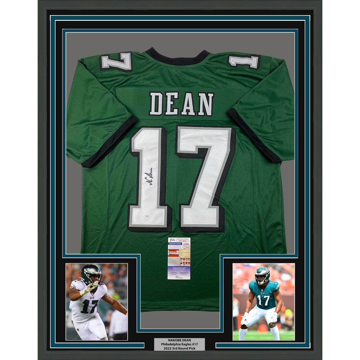 Framed Autographed/Signed Nakobe Dean 35x39 Philadelphia Green Football Jersey JSA COA