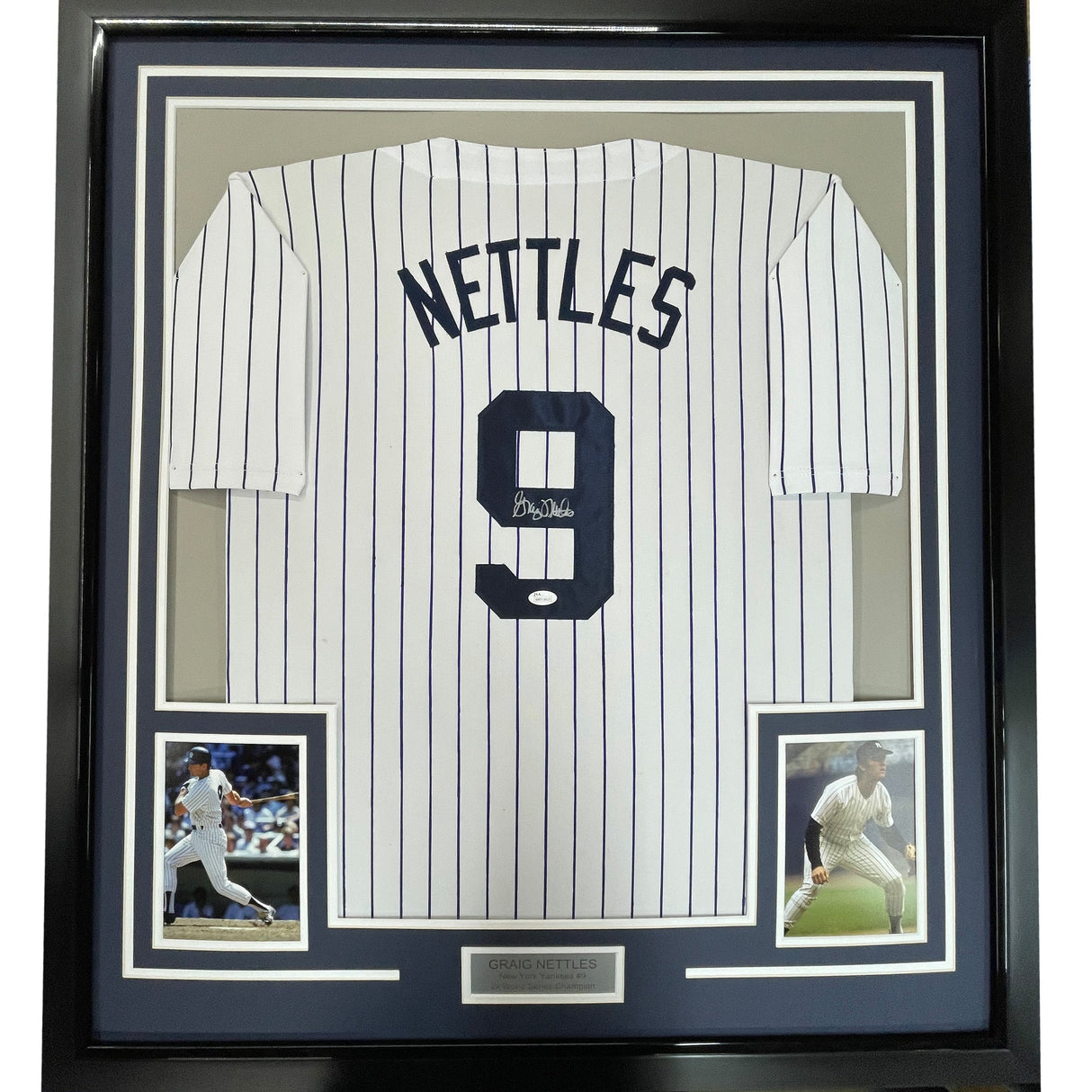 Camiseta de béisbol de rayas de Nueva York de Graig Nettles, enmarcada, autografiada y firmada, 35 x 39, JSA COA