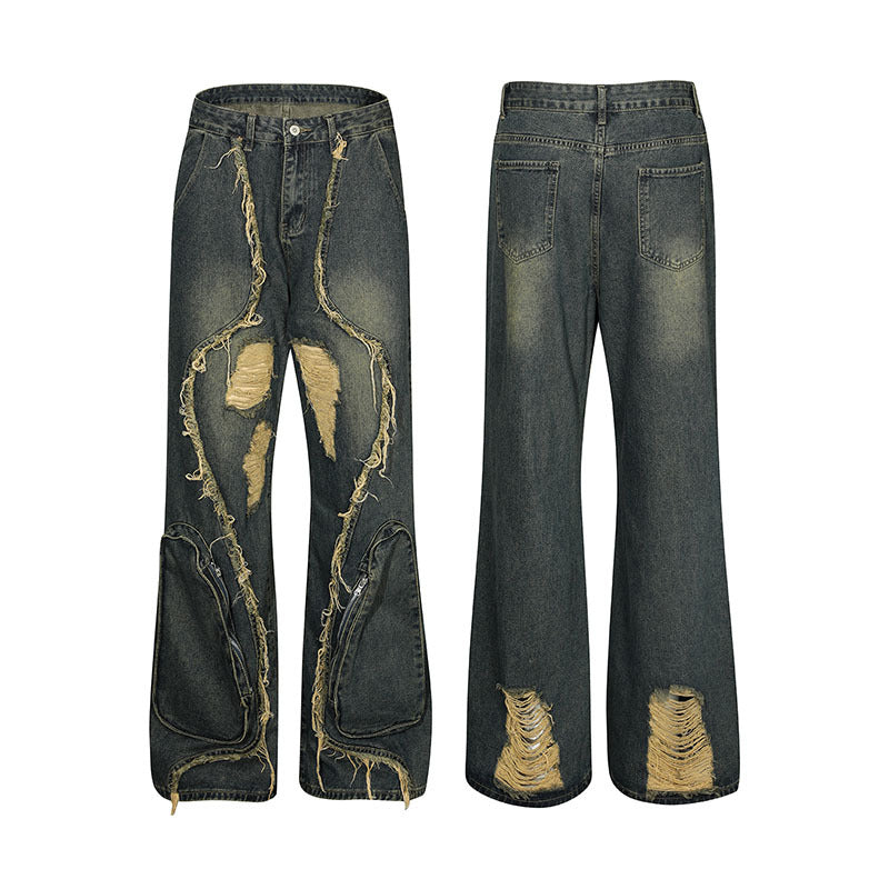 High Street Re-niche Deconstruction Tassel Hole Denim Men's Pants - Lootquake