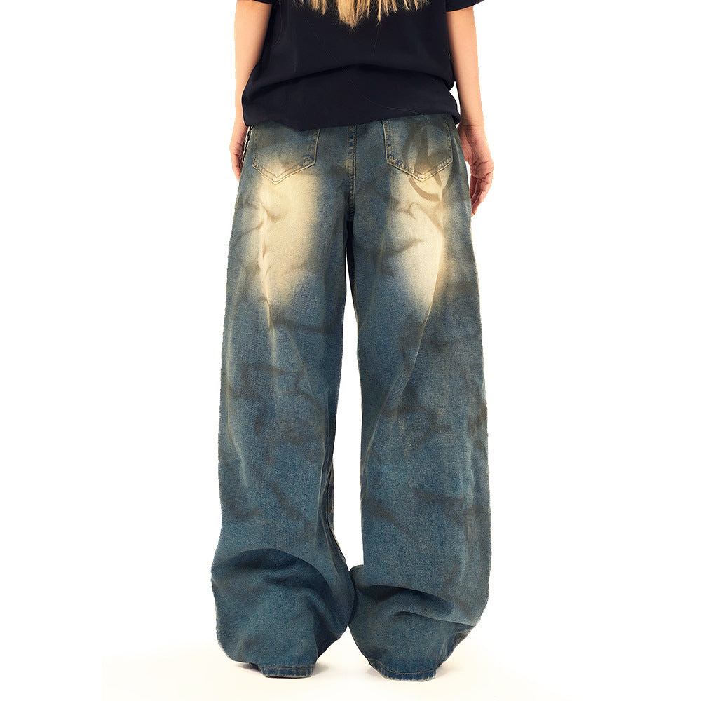Wide Leg Straight Waste Soil Wind Contrast Color Inkjet Jeans Men - Lootquake