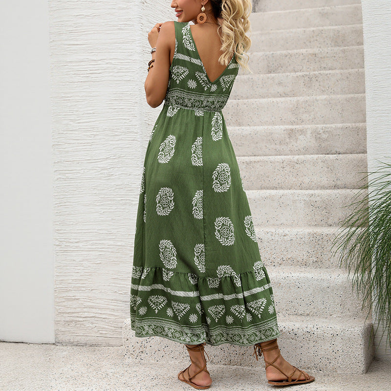 Nuevo vestido informal de cintura alta con escote en V y estampado étnico verde para mujer