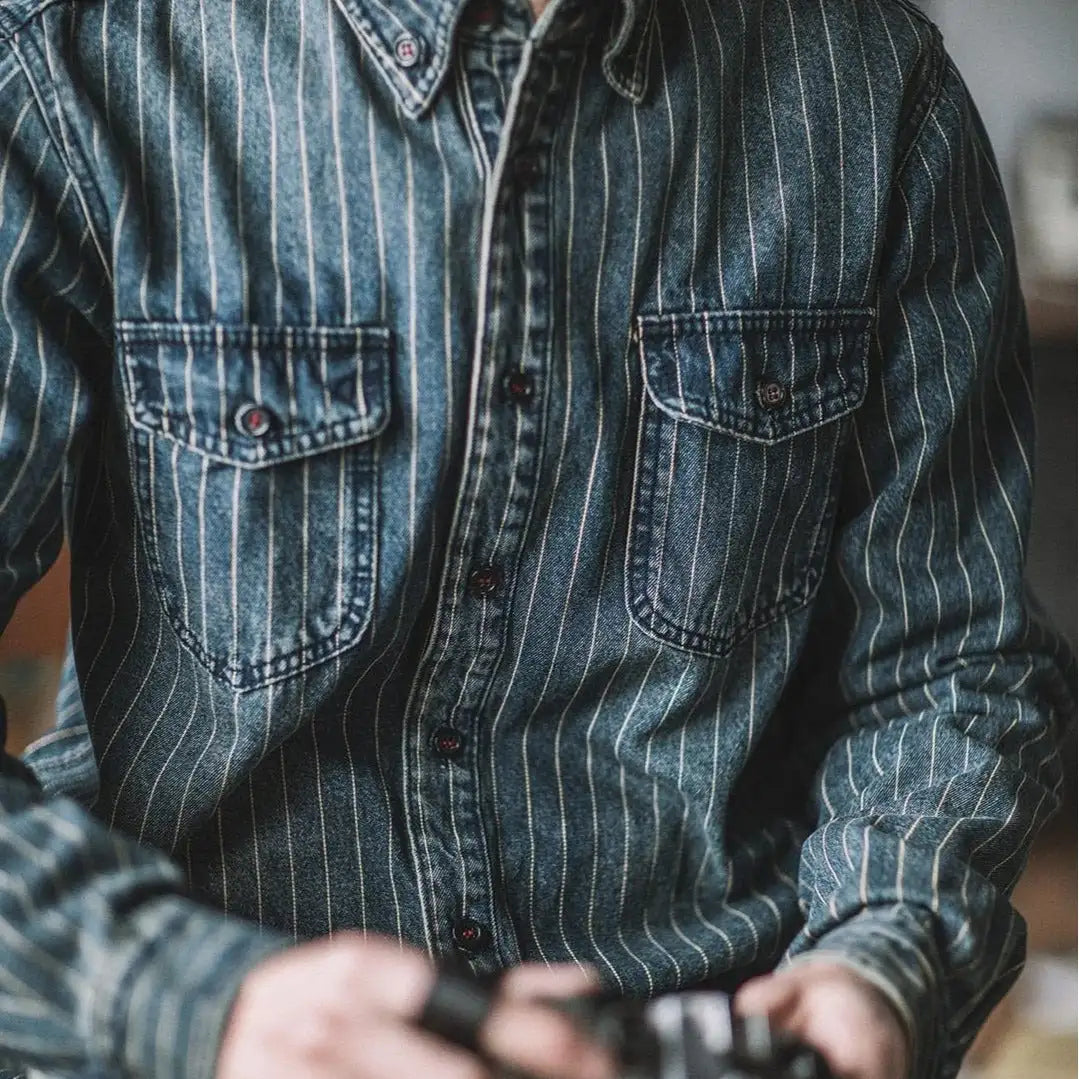 Vintage Vertical Stripes Denim Shirt Workwear Washed Old Long Sleeve Men - Lootquake