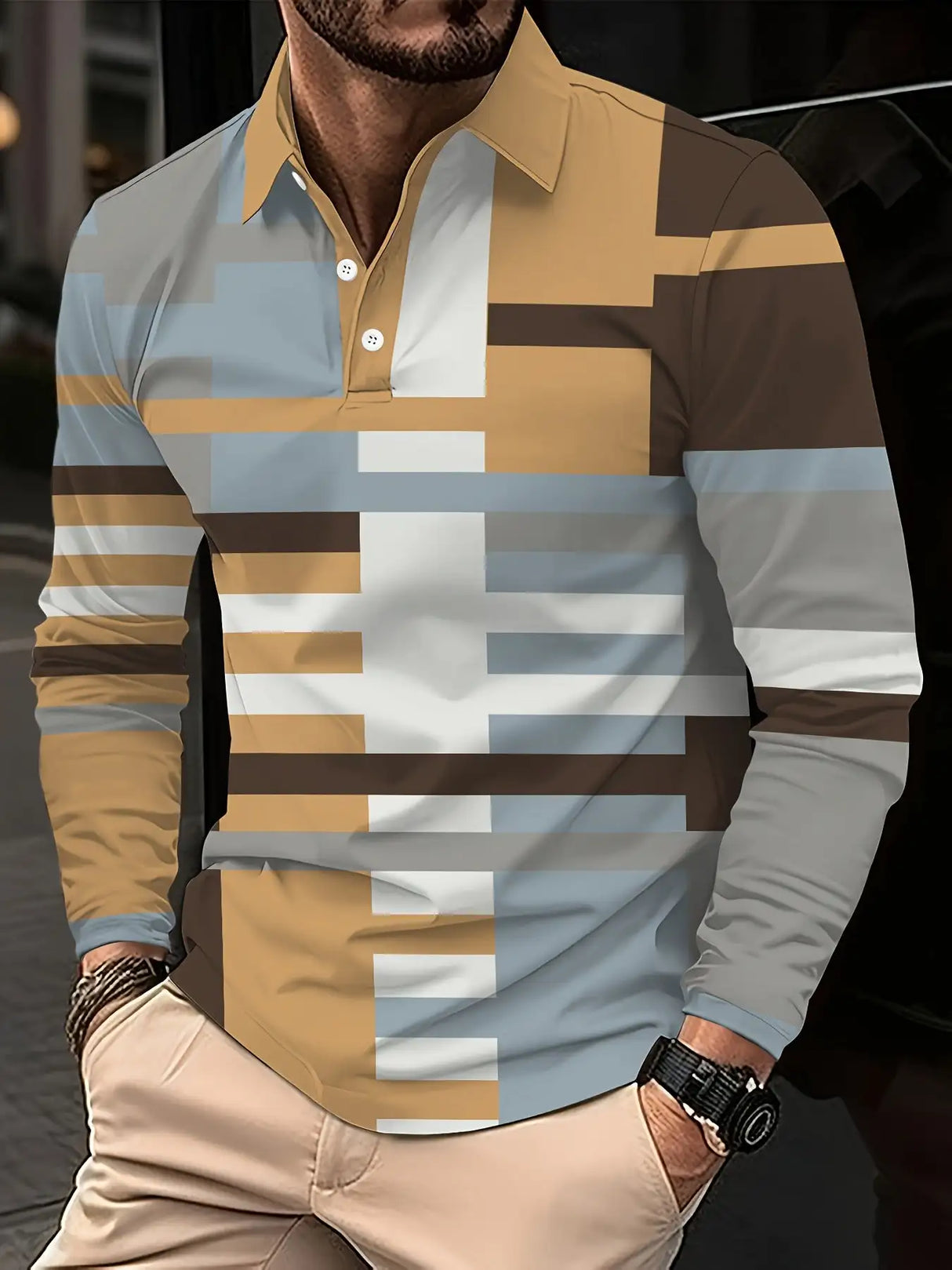 Men's Button Casual Slim Lapel 3D Printed Long Sleeve - Lootquake