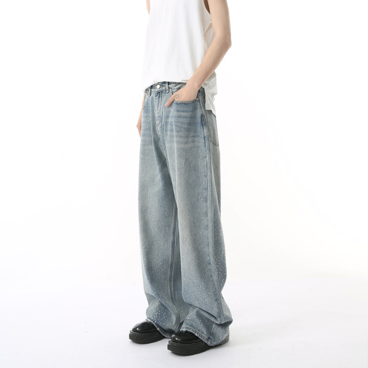Hot Rhinestone Fashionable Loose Straight Loose Washed-out Jeans Fashion - Lootquake