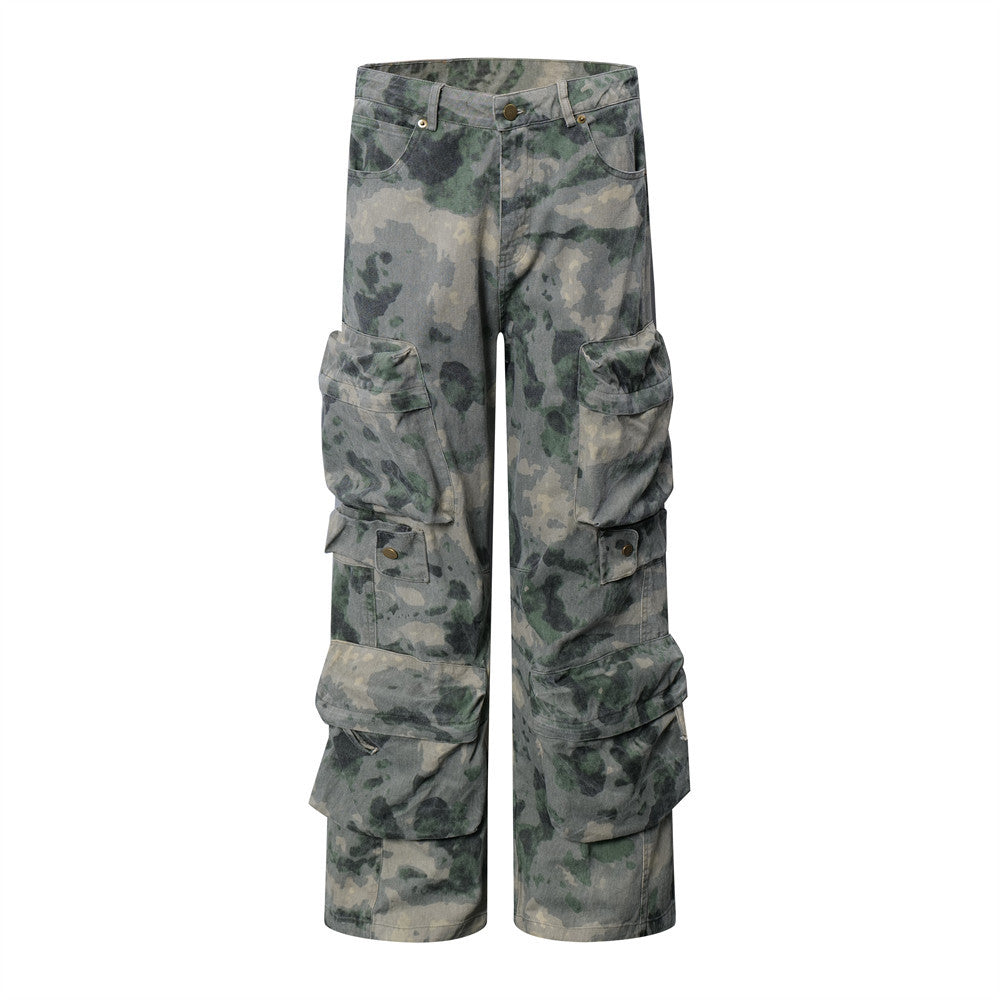 Dimensional Patch Pocket Wide Leg Tie-dye Camouflage Large Pocket Overalls Men - Lootquake