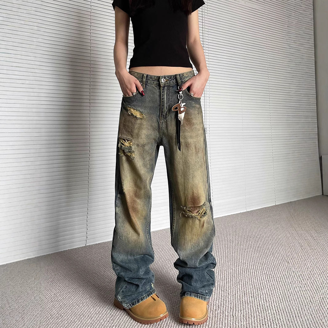 Niche Make Old Ripped Denim Fashion Brand Loose Straight Wide Leg Smart Trousers - Lootquake