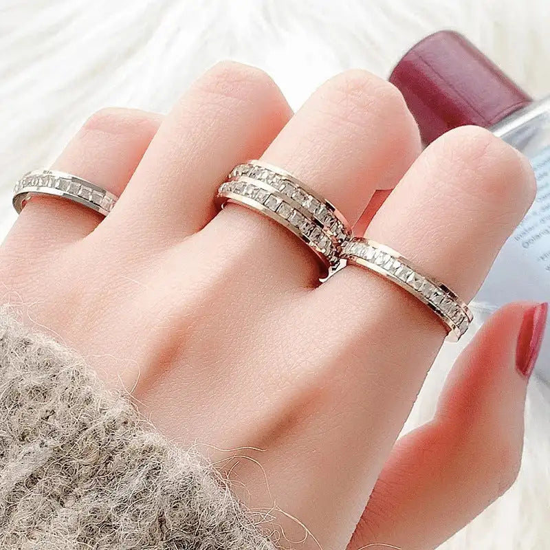 Titanium Steel Couple Single And Double Row Diamond Ring - Lootquake