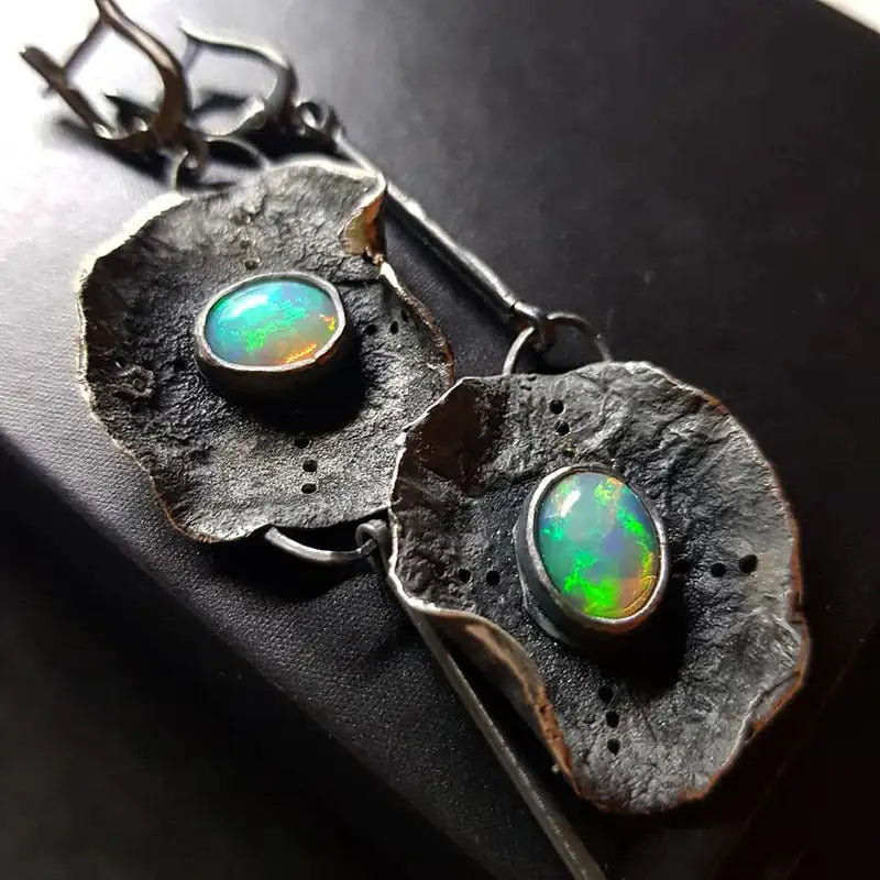 Antique Metal Inlaid Opal Earrings - Lootquake