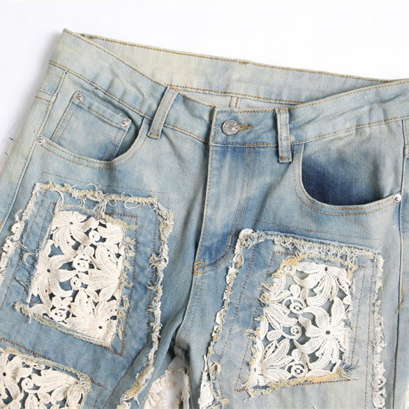 Slim-fit Straight Double-sided Embroidered Patch Youth Blue Men's Flared Jeans - Lootquake