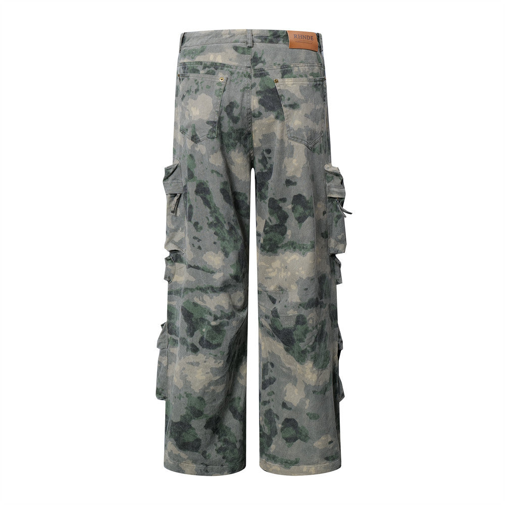 Dimensional Patch Pocket Wide Leg Tie-dye Camouflage Large Pocket Overalls Men - Lootquake