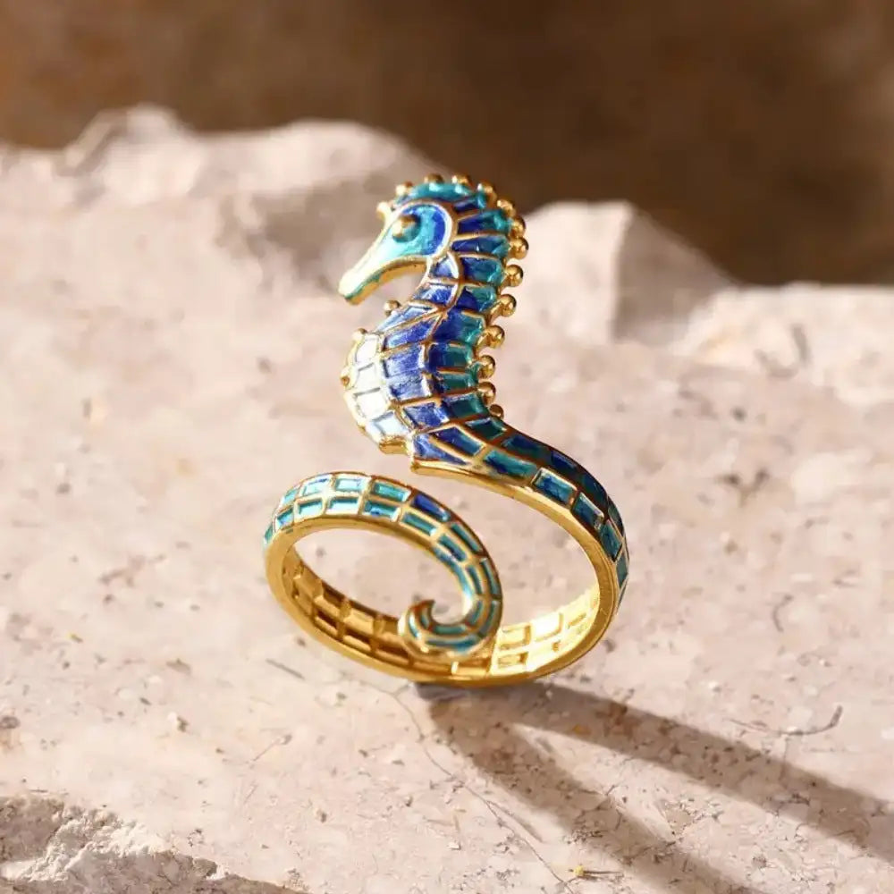 Elegant Gold Plated Stainless Steel Seahorse Ring Blue - Lootquake