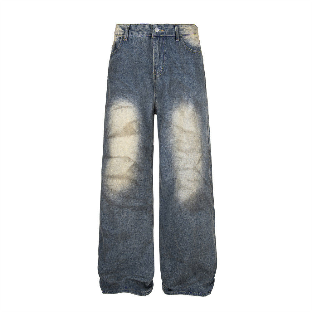 Wide Leg Straight Waste Soil Wind Contrast Color Inkjet Jeans Men - Lootquake