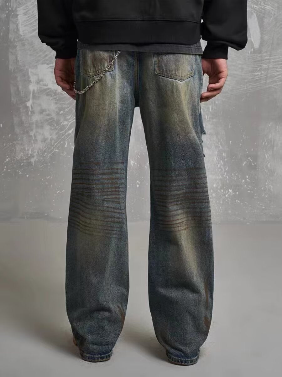 Loose Straight Slim-fit Waste Soil Blue With Holes Jeans - Lootquake