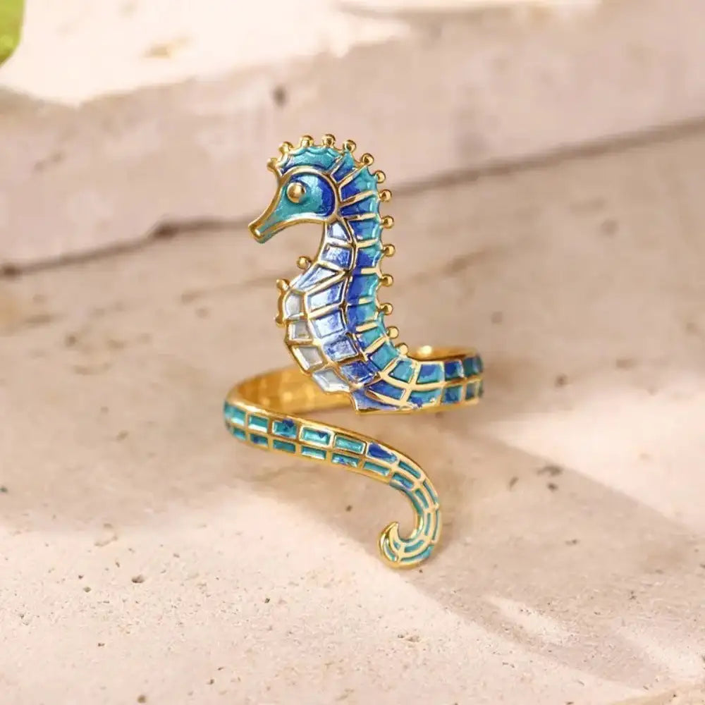 Elegant Gold Plated Stainless Steel Seahorse Ring Blue - Lootquake