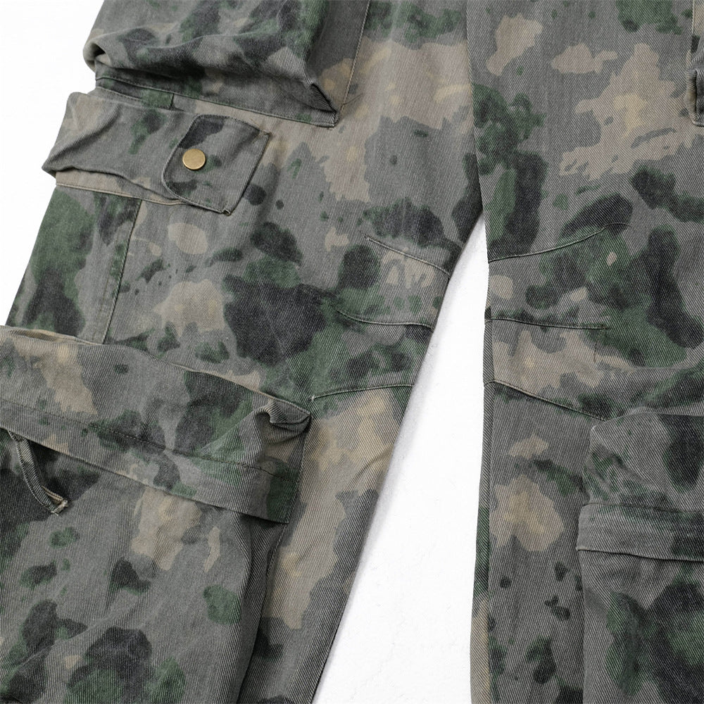 Dimensional Patch Pocket Wide Leg Tie-dye Camouflage Large Pocket Overalls Men - Lootquake