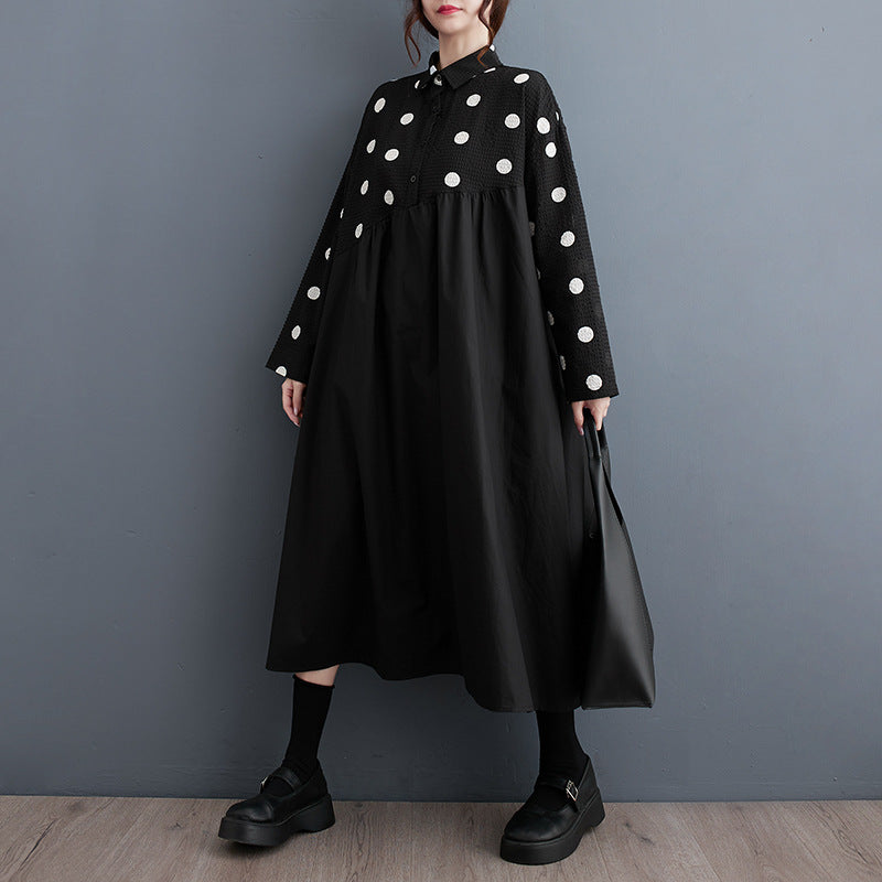 Nuevo vestido retro artístico de longitud media con estampado de encaje, suelto y de talla grande