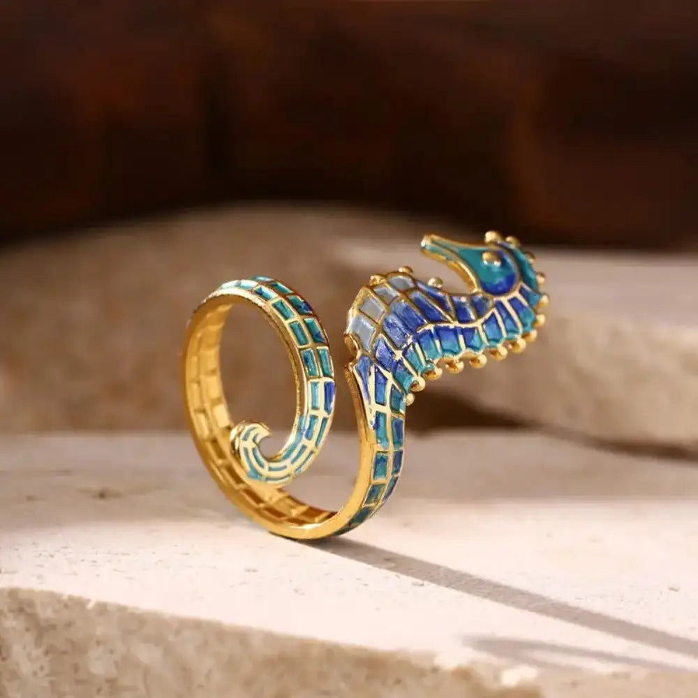 Elegant Gold Plated Stainless Steel Seahorse Ring Blue - Lootquake