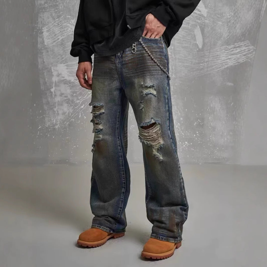 Loose Straight Slim-fit Waste Soil Blue With Holes Jeans - Lootquake