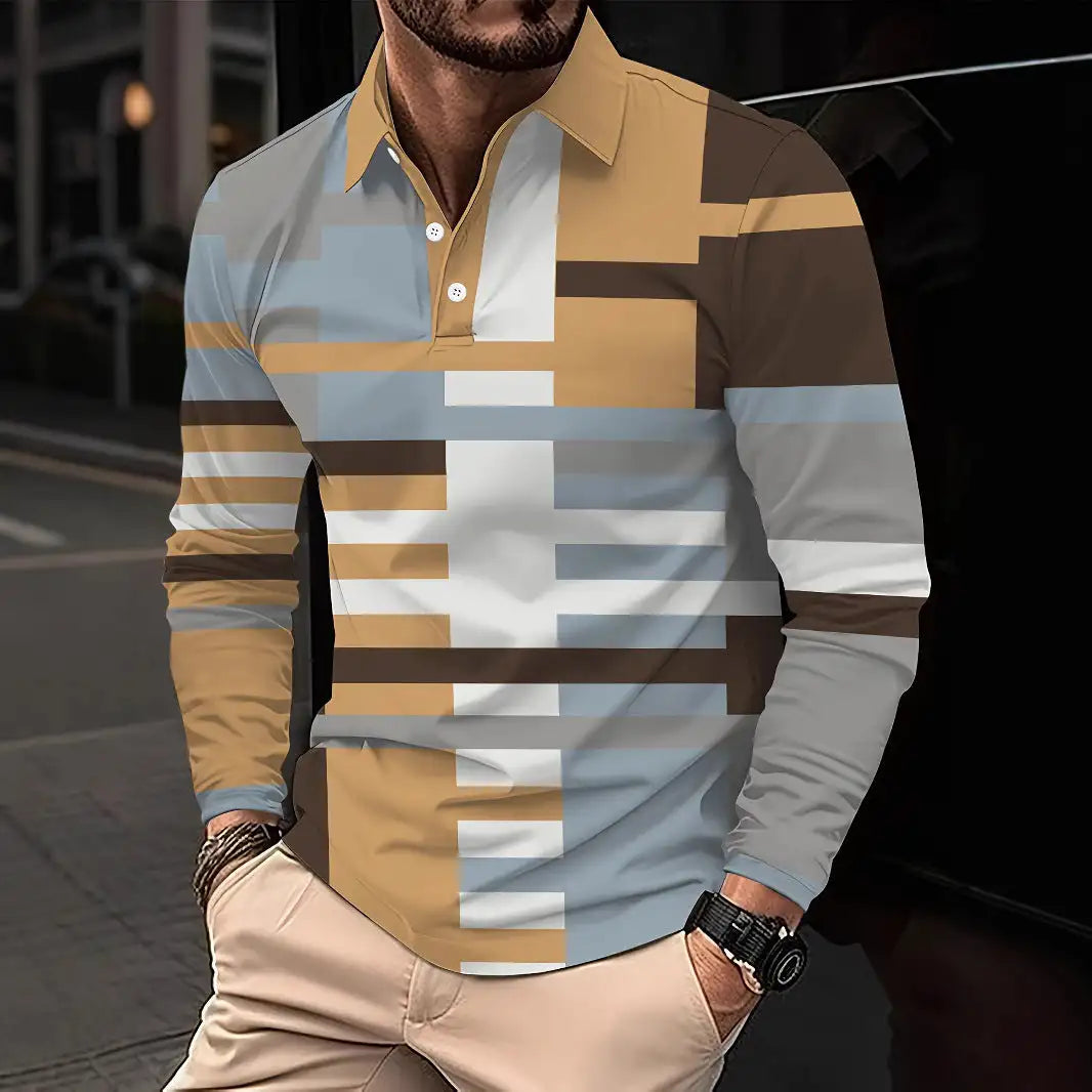 Men's Button Casual Slim Lapel 3D Printed Long Sleeve - Lootquake