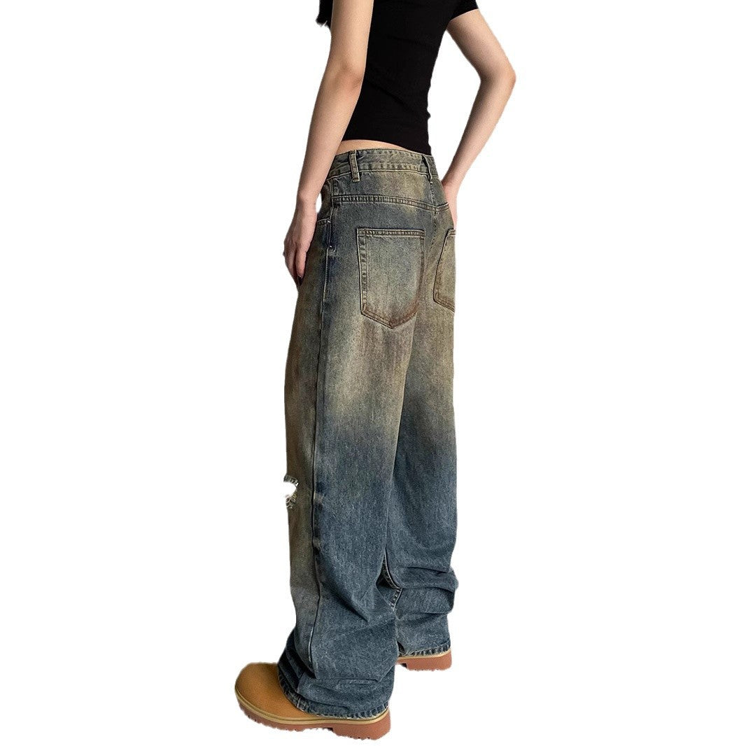 Niche Make Old Ripped Denim Fashion Brand Loose Straight Wide Leg Smart Trousers - Lootquake