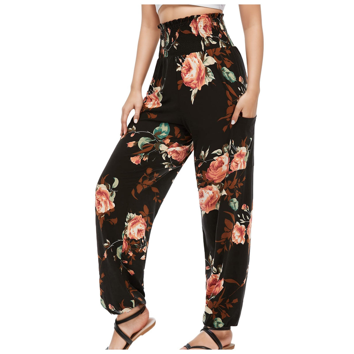 Mono informal con estampado floral digital a rayas para mujer